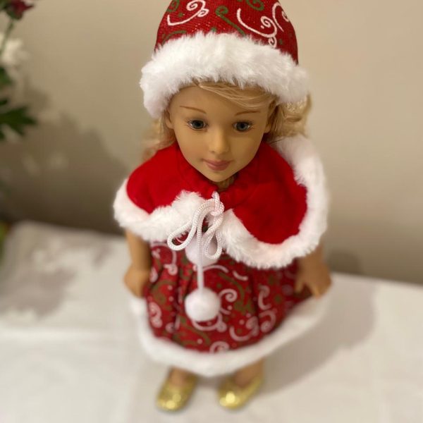 Red Christmas doll dress with fur trim, cape and hat