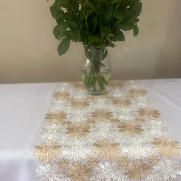 White and Beige Floral Lace Table Runner